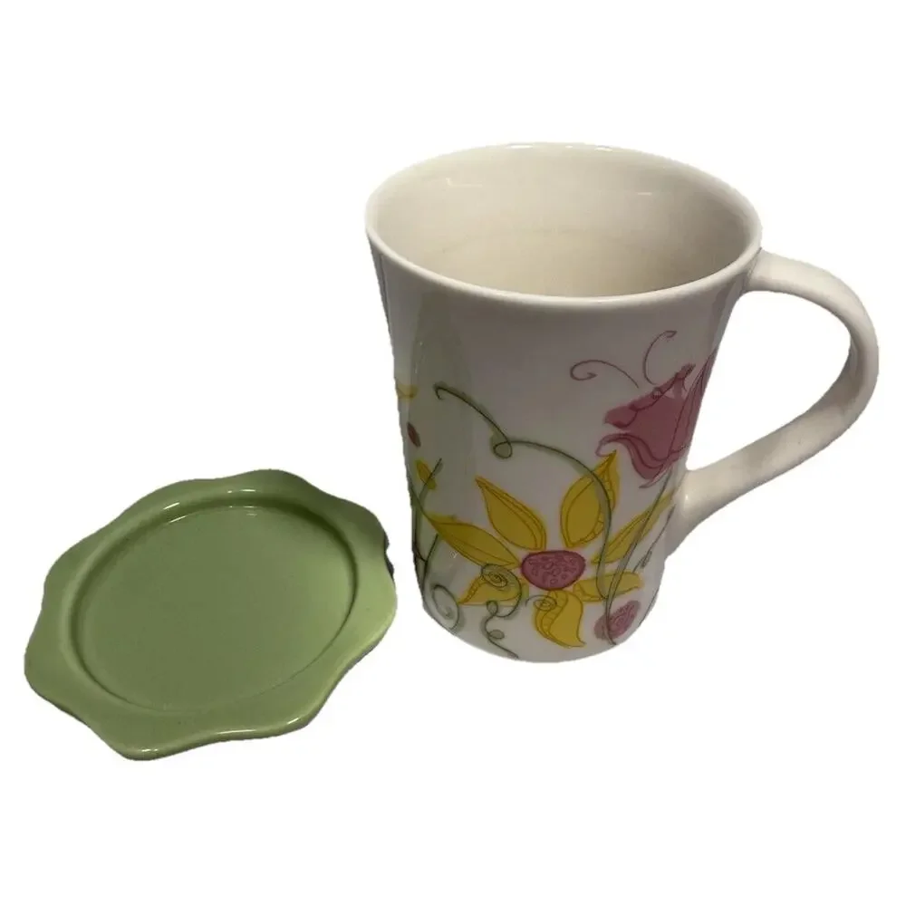 Starbucks Coffee Mug 2006 Floral 13 oz w/ Green Lid Steep Rest EUC‎